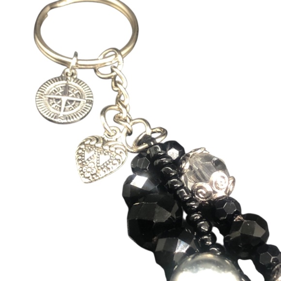 Beaded Keychain | 3 Strands w/ Black Faceted Onyx, Seed Beads + Heart & Compass - Picture 7 of 16